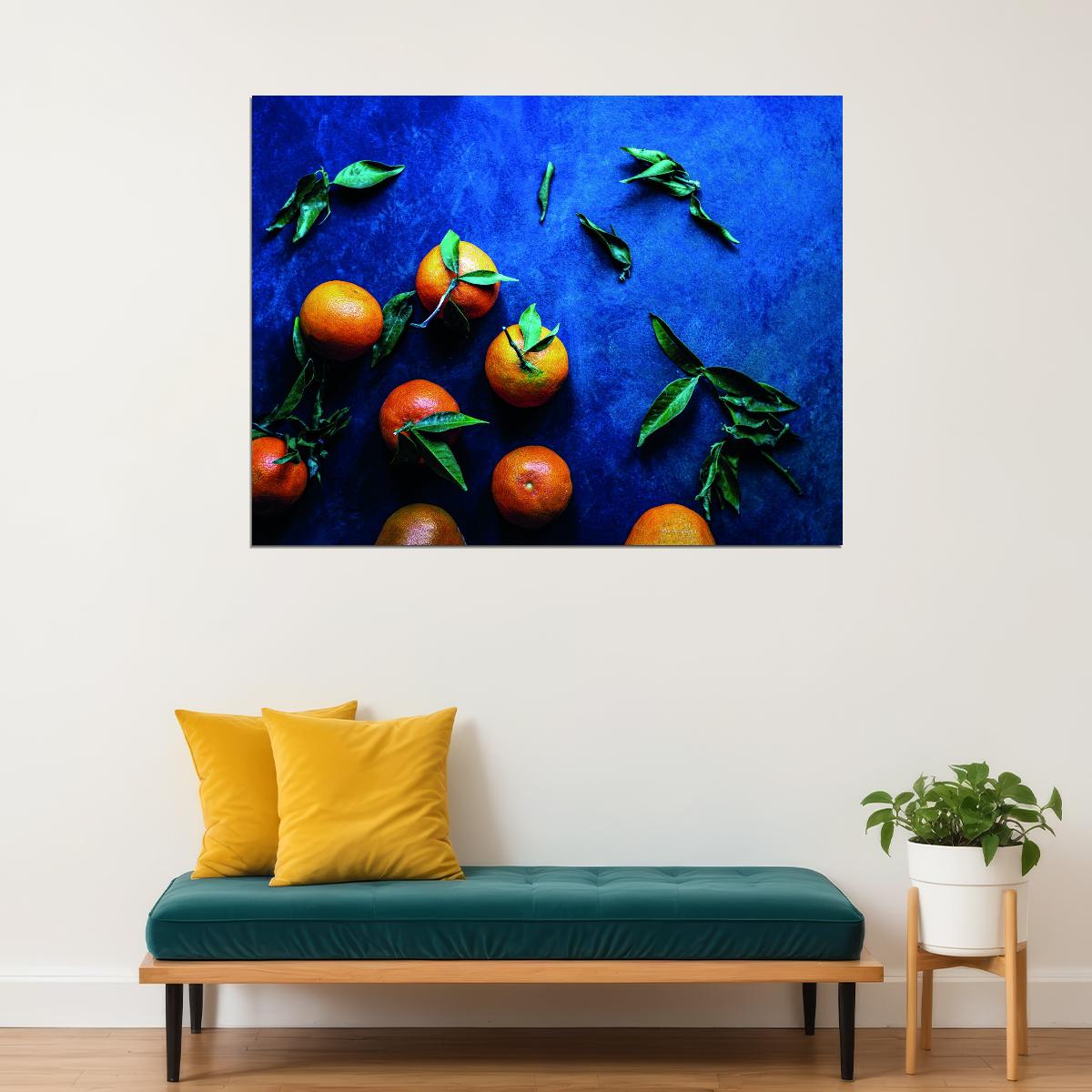 Tangerine Winter Print Colorful Eclectic Kitchen Poster Blue Mandarin Still Life Bold Modern Art Rustic Kitchen Wall Decor Fruit Aesthetic Print - xonomax