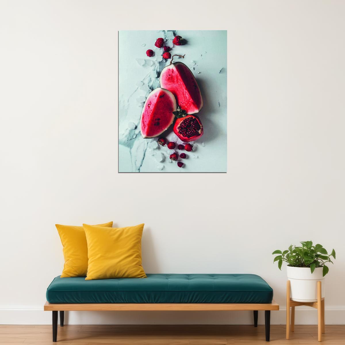 Vivid Colorful Fruits Kitchen Poster Pomegranate and Watermelon Still Life Modern Rustic Kitchen Art Vibrant Food Wall Decor Print - xonomax