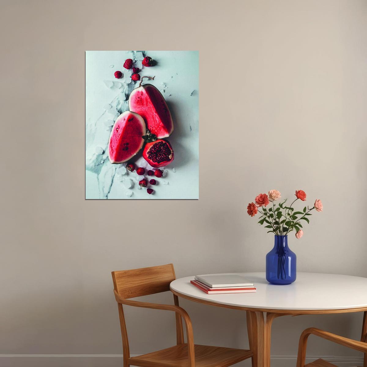 Vivid Colorful Fruits Kitchen Poster Pomegranate and Watermelon Still Life Modern Rustic Kitchen Art Vibrant Food Wall Decor Print - xonomax