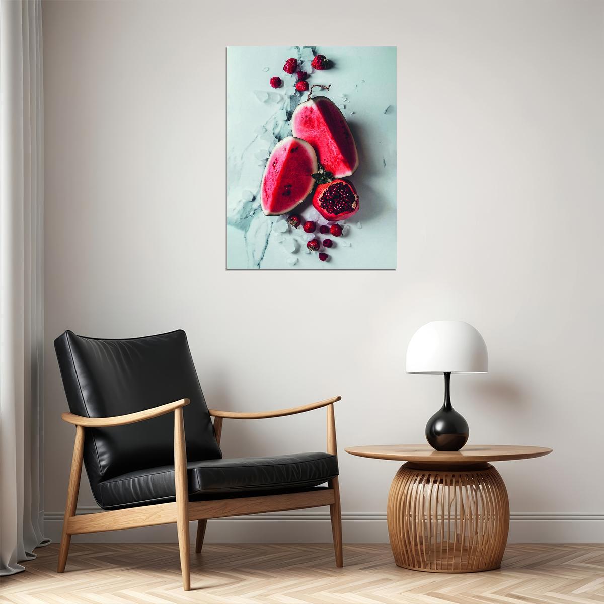 Vivid Colorful Fruits Kitchen Poster Pomegranate and Watermelon Still Life Modern Rustic Kitchen Art Vibrant Food Wall Decor Print - xonomax