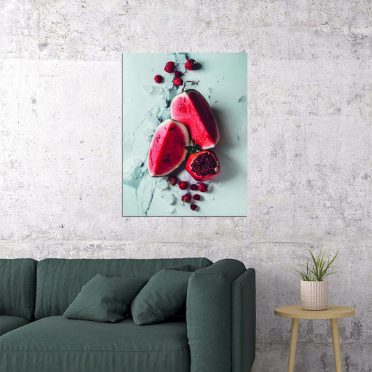 Vivid Colorful Fruits Kitchen Poster Pomegranate and Watermelon Still Life Modern Rustic Kitchen Art Vibrant Food Wall Decor Print - xonomax