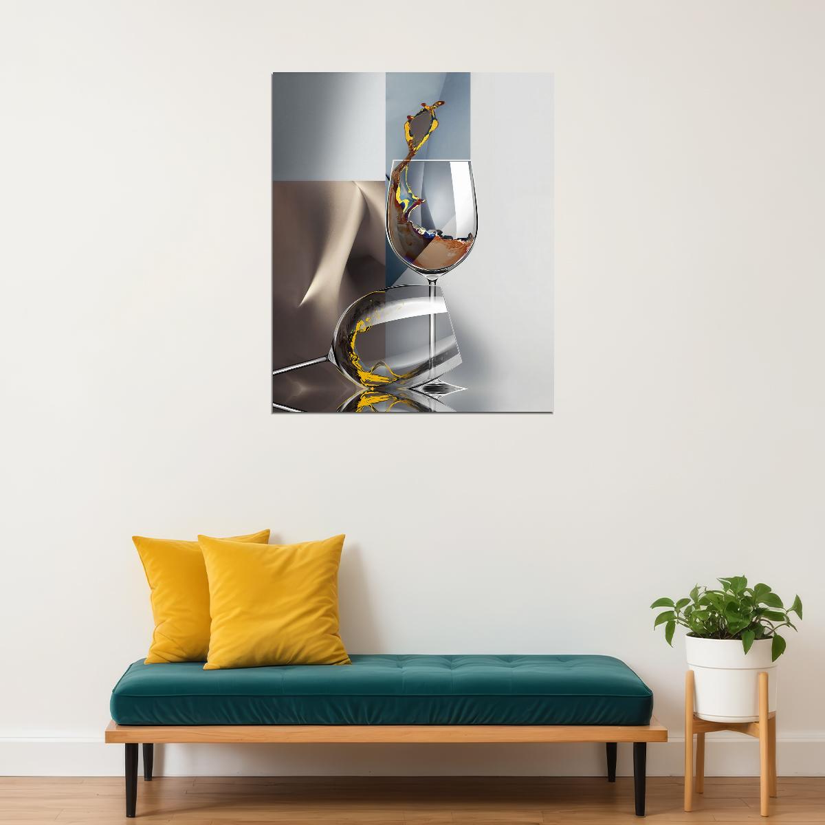 Modern Print Abstract Wine Glass Art Poster Geometric Surreal Modern Champagne Splash Elegant Kitchen Cafe Restaurant Wall Decor Print - xonomax