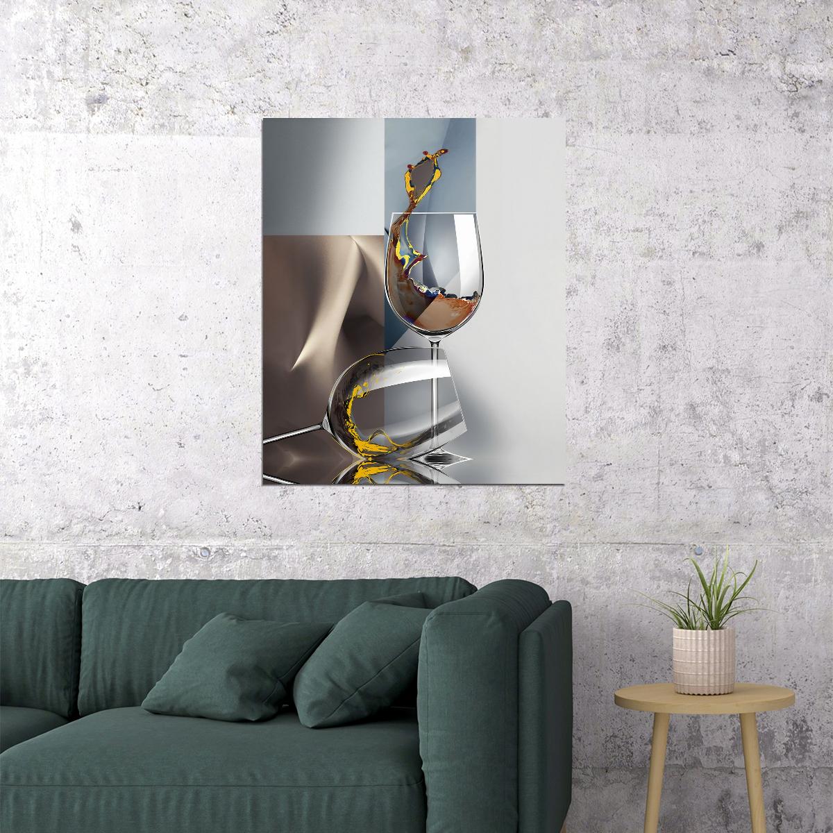 Modern Print Abstract Wine Glass Art Poster Geometric Surreal Modern Champagne Splash Elegant Kitchen Cafe Restaurant Wall Decor Print - xonomax