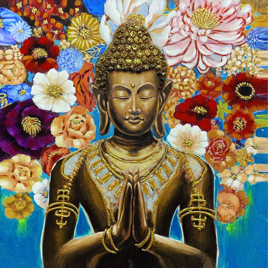 Golden Buddha with Flowers Poster Spiritual Zen Art Colorful Asian Culture Wall Decor Print - xonomax