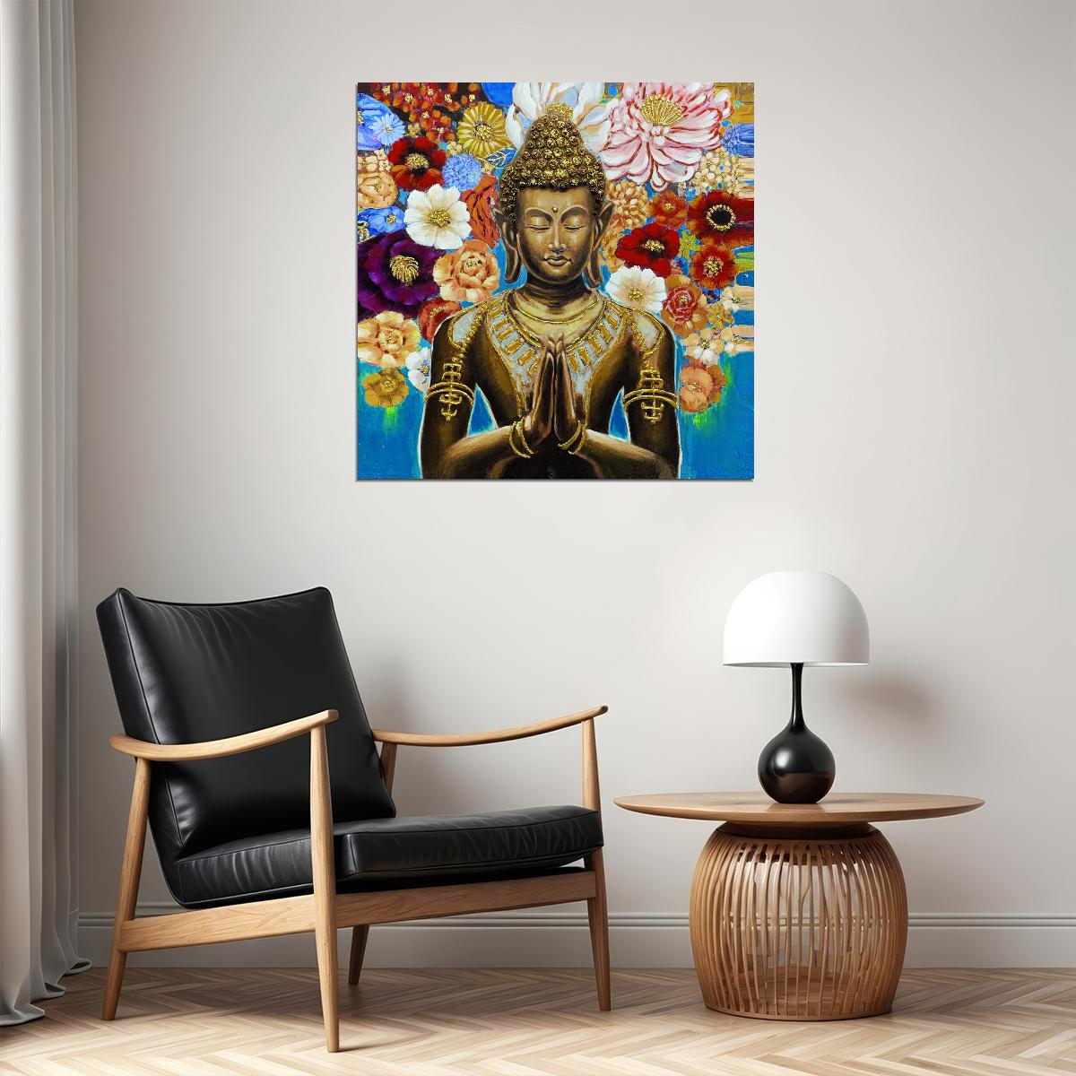 Golden Buddha with Flowers Poster Spiritual Zen Art Colorful Asian Culture Wall Decor Print - xonomax