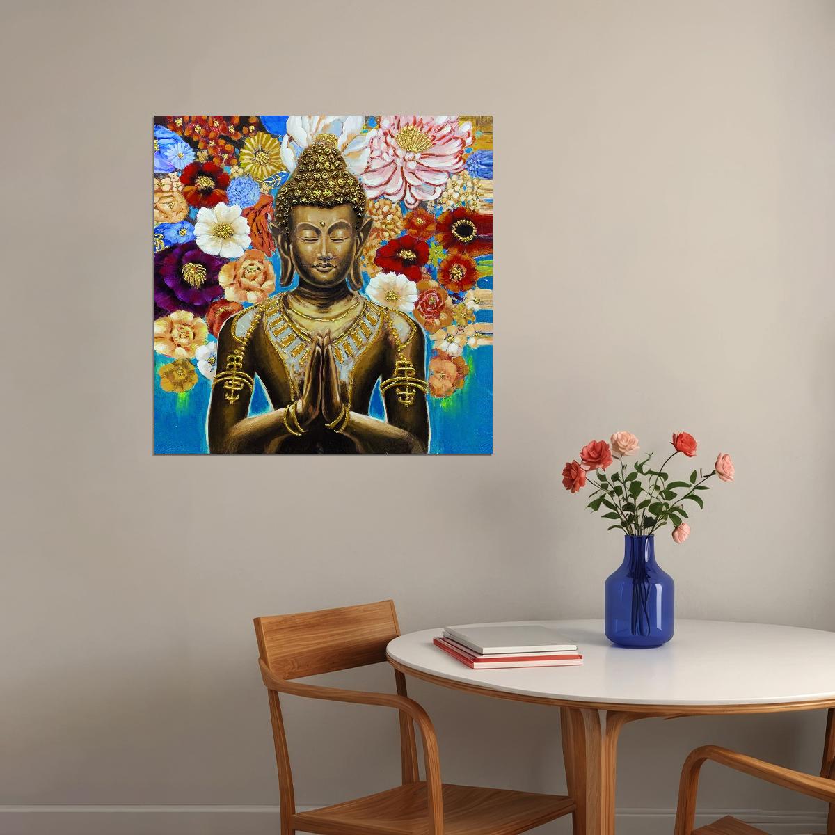 Golden Buddha with Flowers Poster Spiritual Zen Art Colorful Asian Culture Wall Decor Print - xonomax