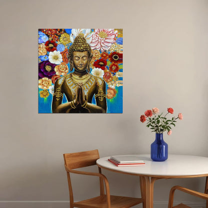 Golden Buddha with Flowers Poster Spiritual Zen Art Colorful Asian Culture Wall Decor Print - xonomax