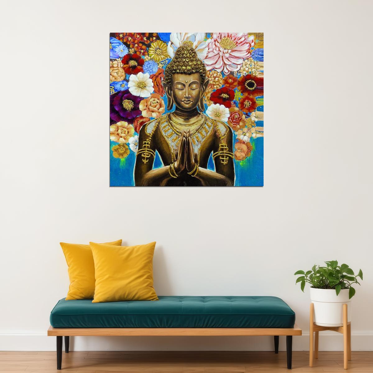 Golden Buddha with Flowers Poster Spiritual Zen Art Colorful Asian Culture Wall Decor Print - xonomax