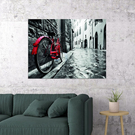 Vintage Red Bicycle Poster Rainy Street Scene Retro Urban Photography Black and White Wall Decor Print - xonomax