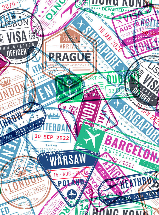 Travel Stamps Poster Colorful Adventure Collage World Destinations Vintage Wall Decor Print