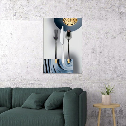 Modern Cutlery and Clock Poster Elegant Minimalist Kitchen Art Contemporary Wall Decor Print - xonomax