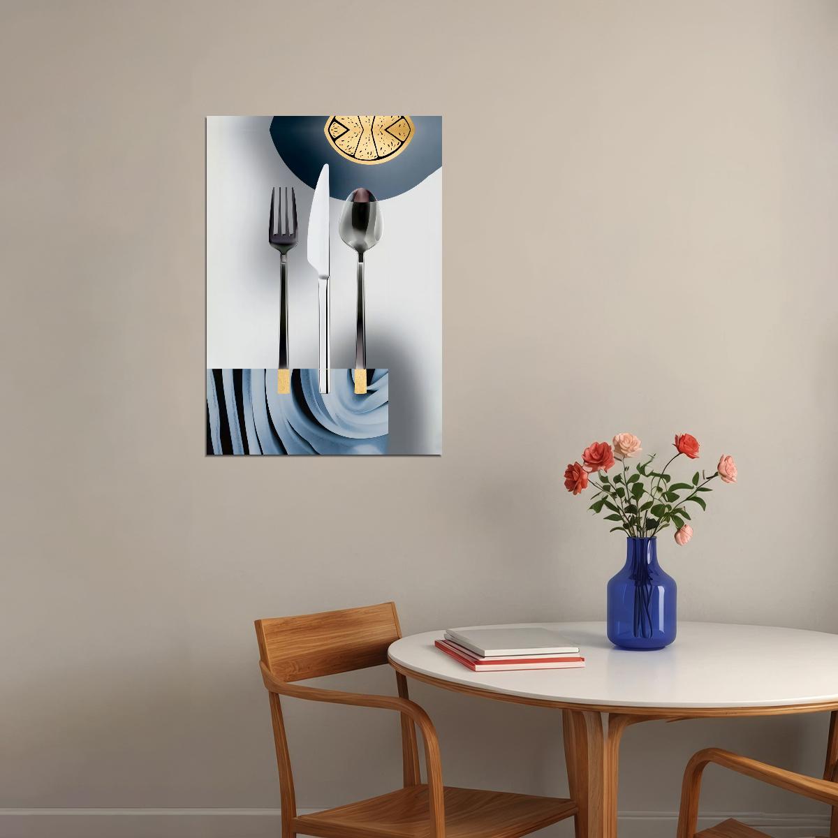 Modern Cutlery and Clock Poster Elegant Minimalist Kitchen Art Contemporary Wall Decor Print - xonomax