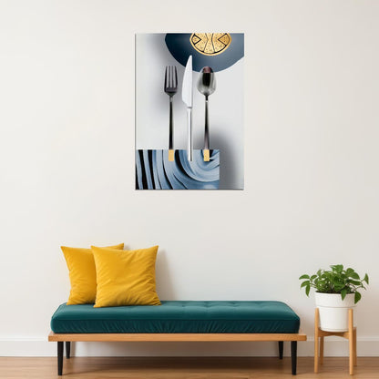 Modern Cutlery and Clock Poster Elegant Minimalist Kitchen Art Contemporary Wall Decor Print - xonomax