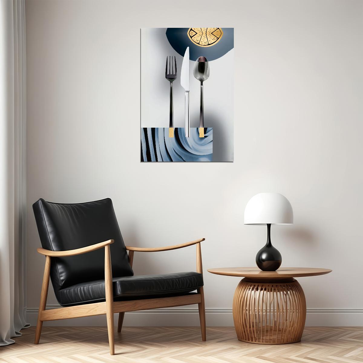 Modern Cutlery and Clock Poster Elegant Minimalist Kitchen Art Contemporary Wall Decor Print - xonomax