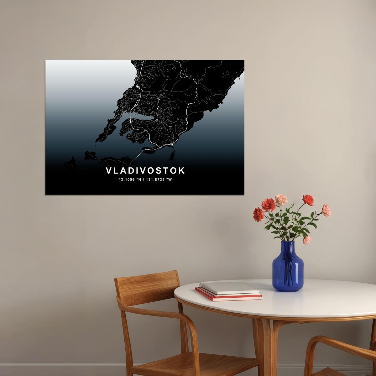 Vladivostok City Map Poster Modern Black and White Urban Art Minimalist Wall Decor Print - xonomax