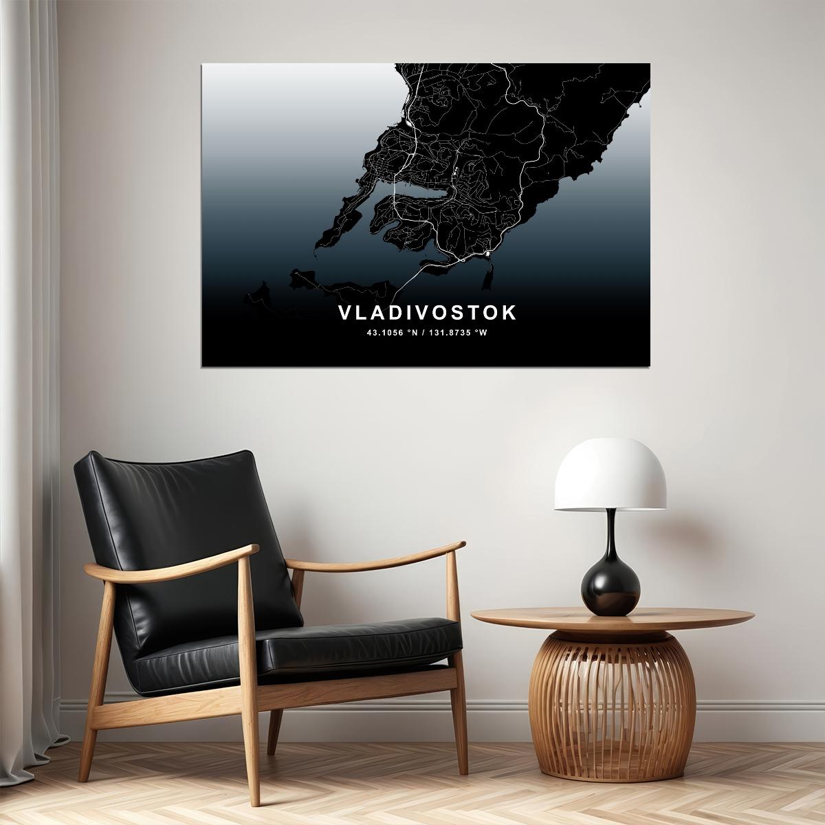 Vladivostok City Map Poster Modern Black and White Urban Art Minimalist Wall Decor Print - xonomax