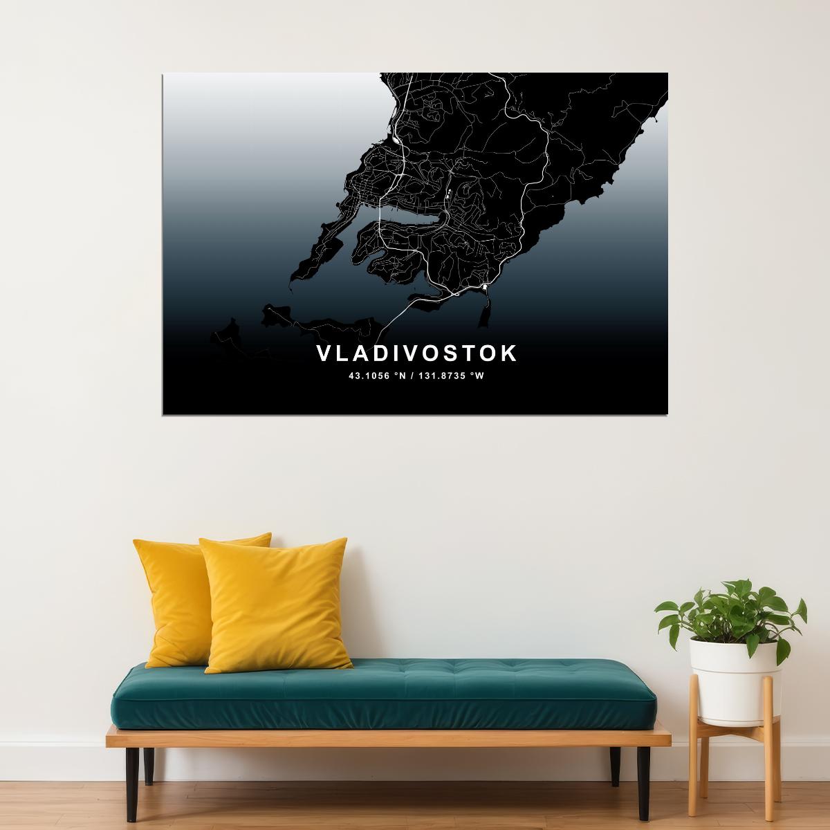 Vladivostok City Map Poster Modern Black and White Urban Art Minimalist Wall Decor Print - xonomax