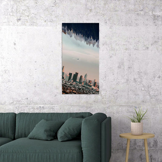 Los Angeles Upside Down Cityscape Poster Surreal Urban Landscape Modern Wall Art Print - xonomax