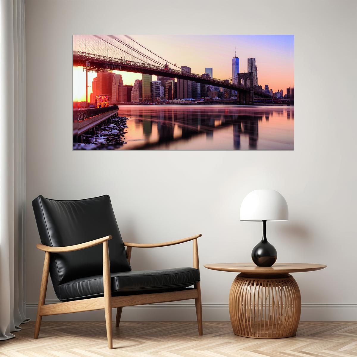 Brooklyn Bridge at Sunset Poster Iconic New York Cityscape Photography Urban Wall Decor Print - xonomax