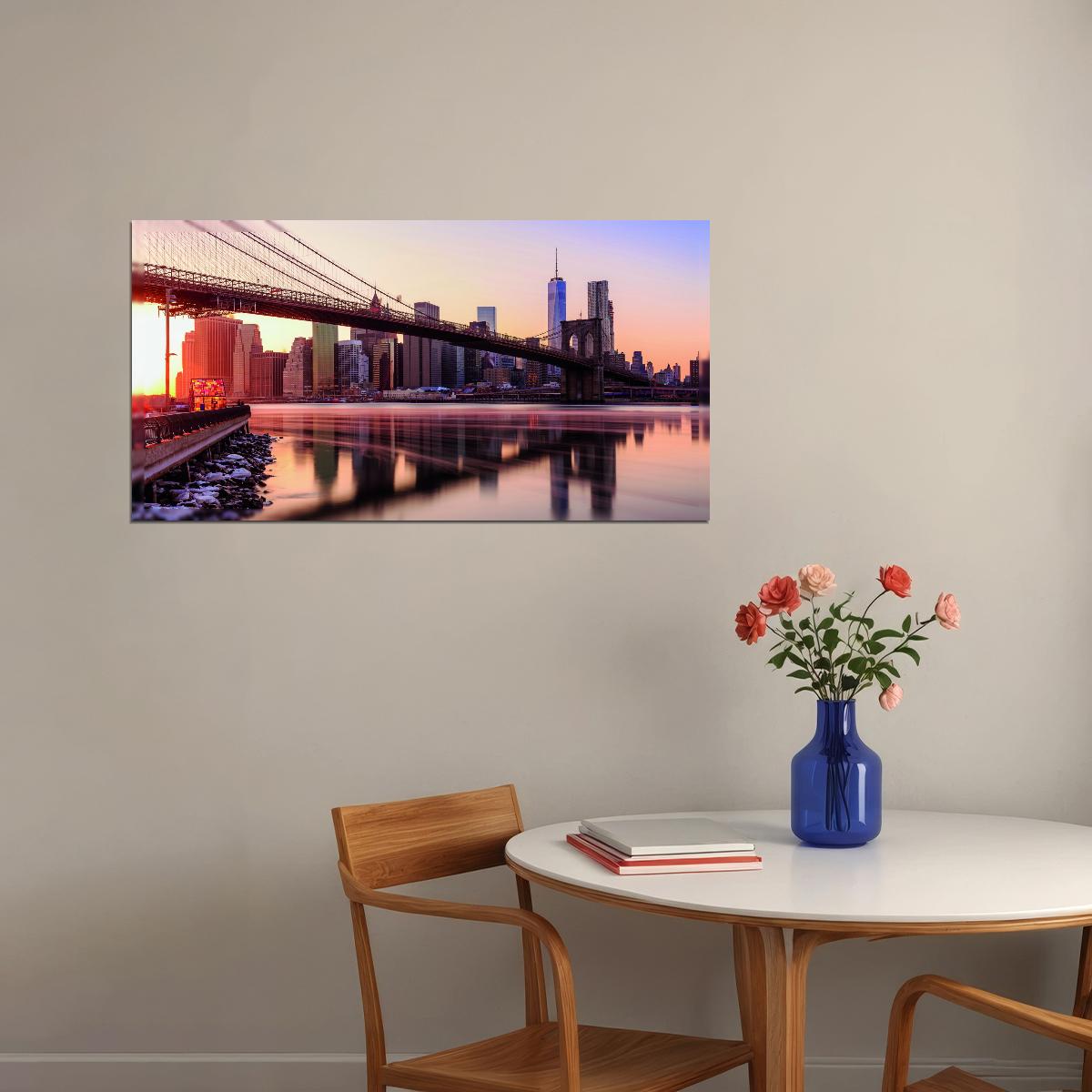 Brooklyn Bridge at Sunset Poster Iconic New York Cityscape Photography Urban Wall Decor Print - xonomax