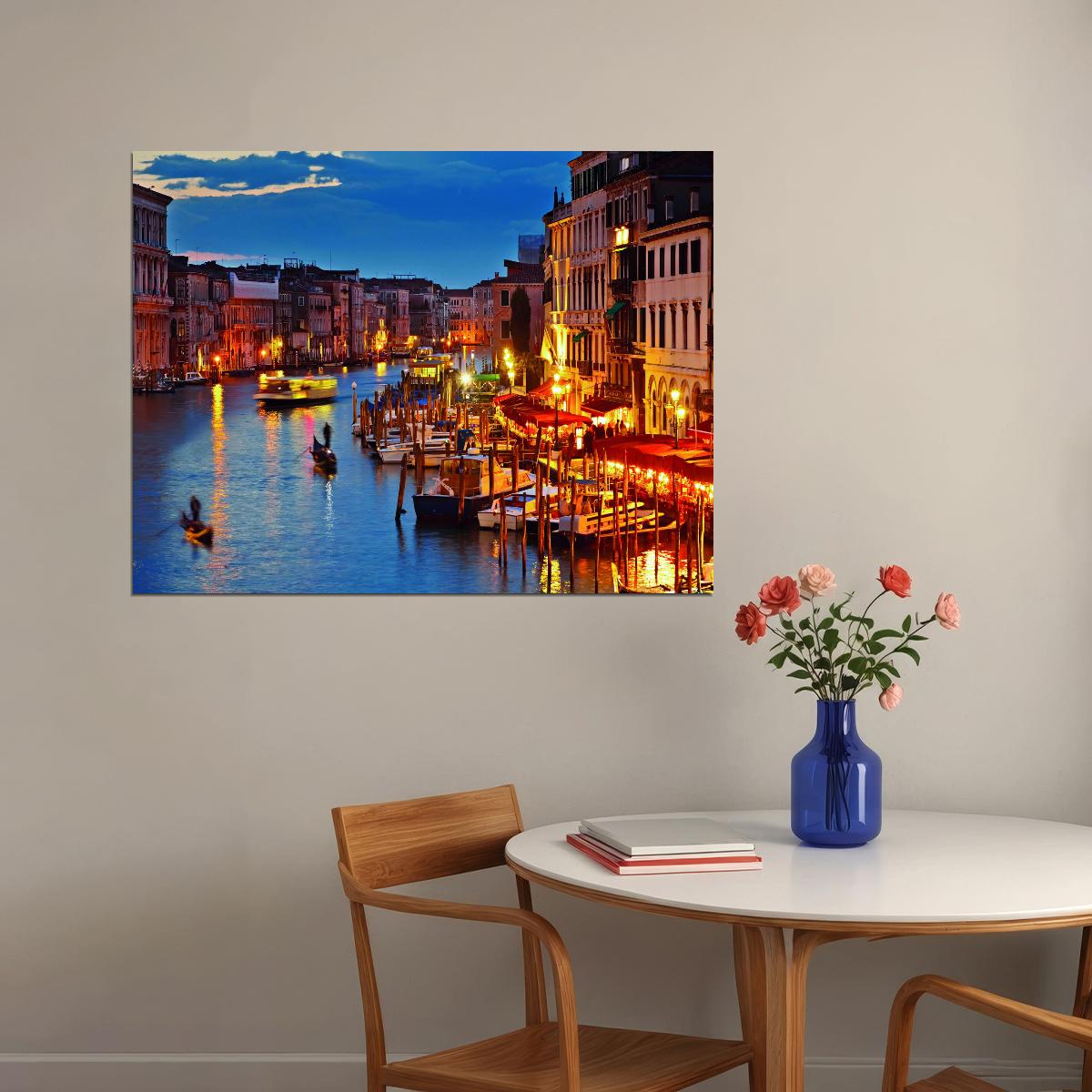 Venice Canal at Dusk Poster Romantic Italian Cityscape Photography Vibrant Wall Decor Print - xonomax