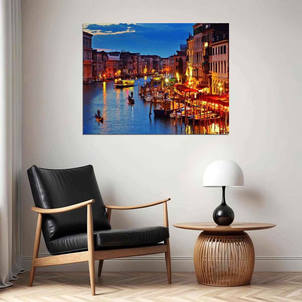 Venice Canal at Dusk Poster Romantic Italian Cityscape Photography Vibrant Wall Decor Print - xonomax