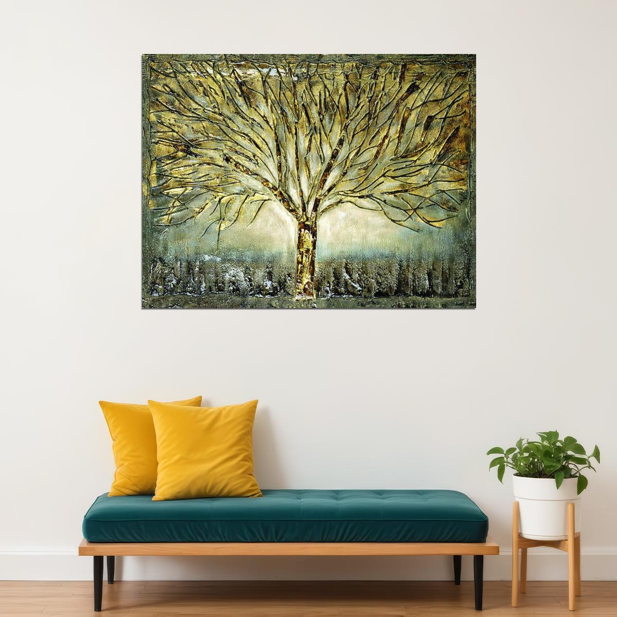 Golden Tree Abstract Poster Elegant Textured Art Luxury Botanical Nature Wall Decor Print - xonomax