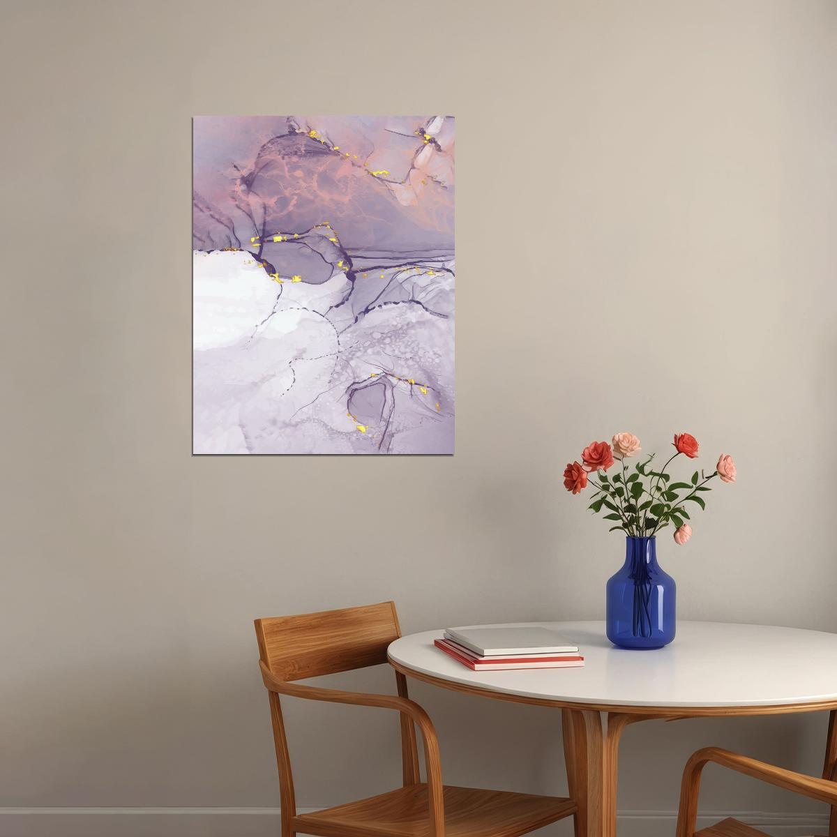 Dreamy Abstract Marble Poster Purple and White Gold Veins Modern Wall Art Decor Print