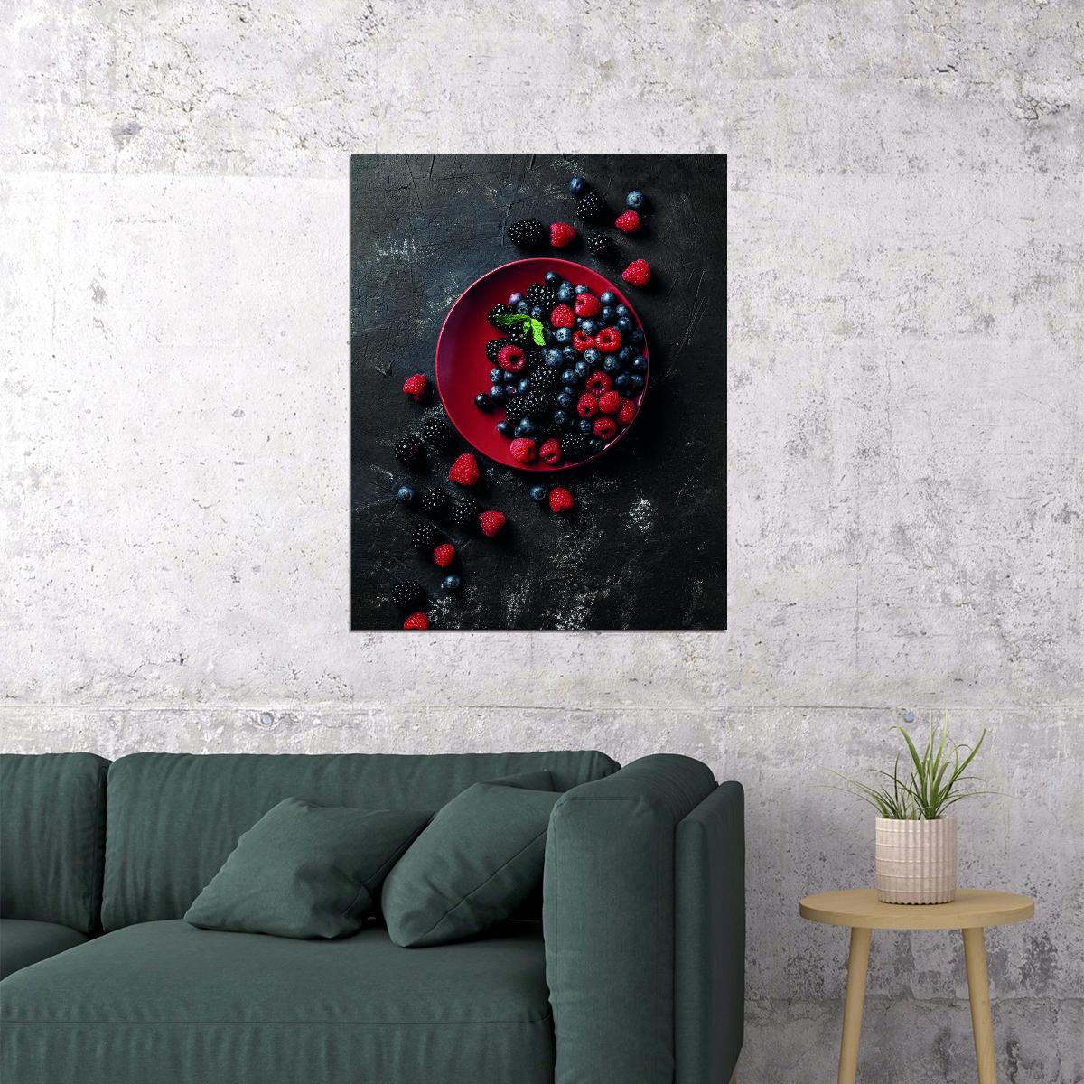 Berry Still Life Poster Dark Rustic Kitchen Art Fresh Fruit Wall Decor Print