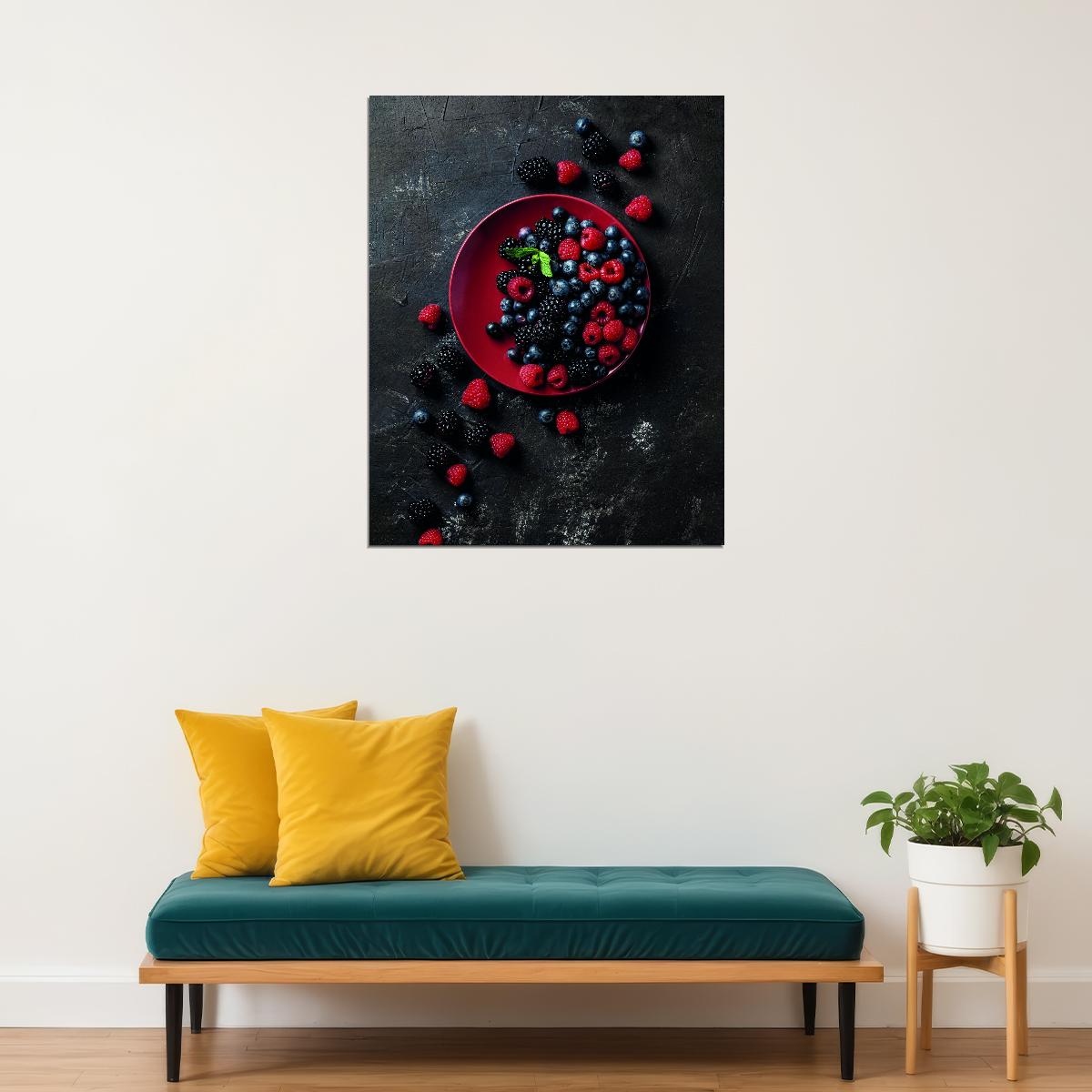 Berry Still Life Poster Dark Rustic Kitchen Art Fresh Fruit Wall Decor Print