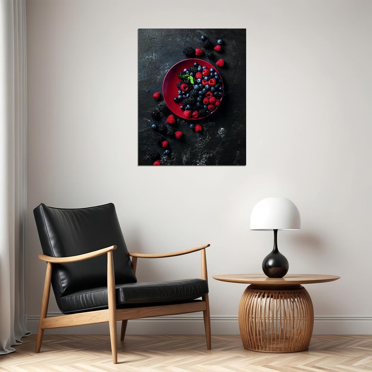 Berry Still Life Poster Dark Rustic Kitchen Art Fresh Fruit Wall Decor Print