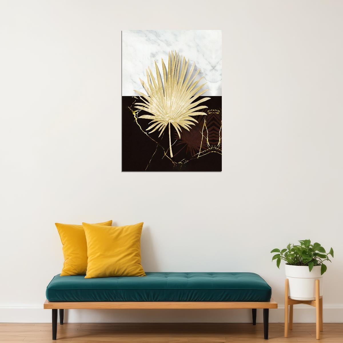 Golden Palm Leaf Poster Luxury Botanical Art Black and White Nature Wall Decor Print - xonomax