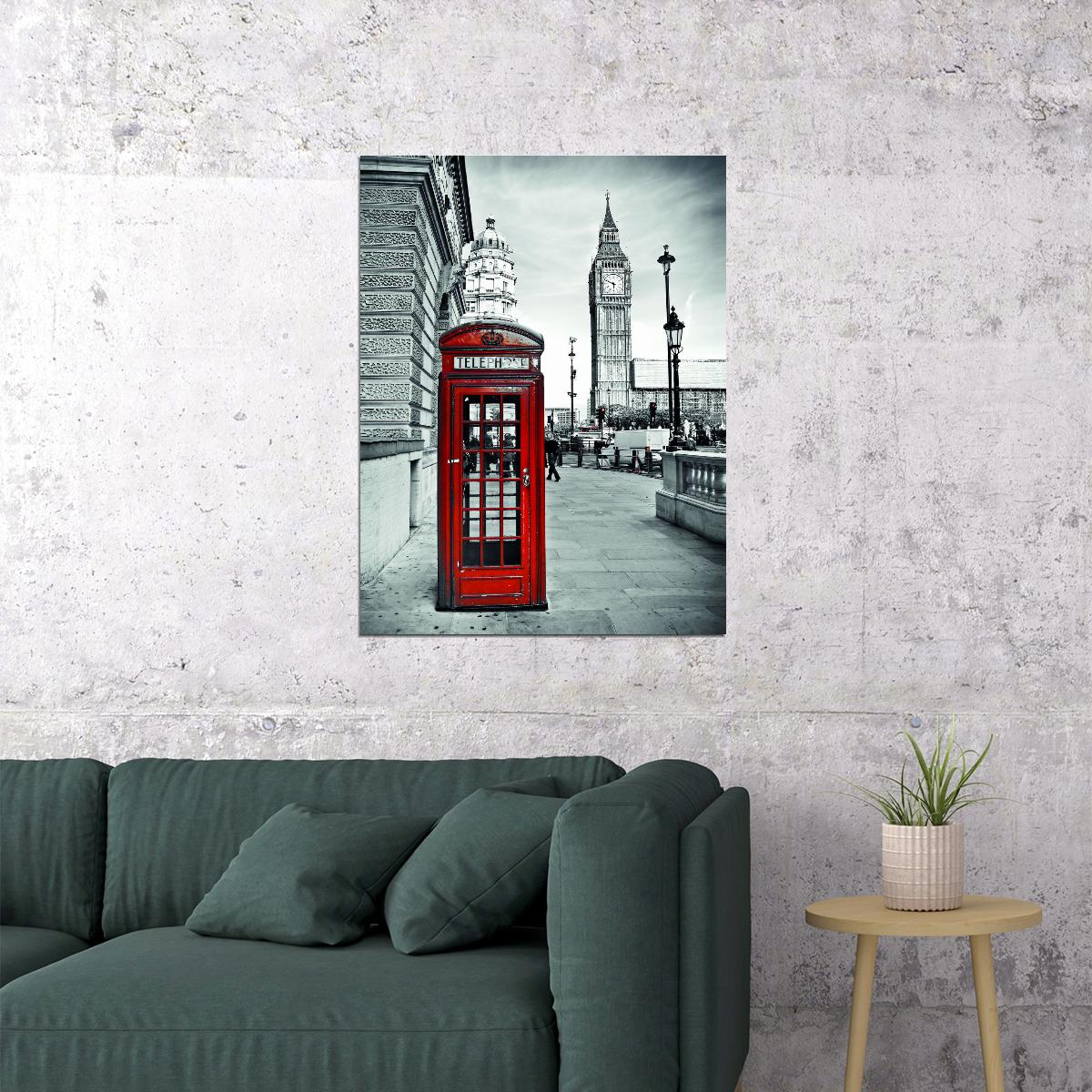 London Red Telephone Booth Poster Black and White Cityscape Iconic British Wall Art Print - xonomax