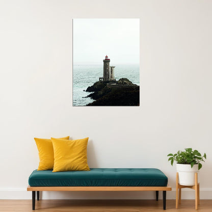 Lighthouse on Rocky Coast Poster Serene Seascape Photography Minimalist Coastal Wall Art Print - xonomax