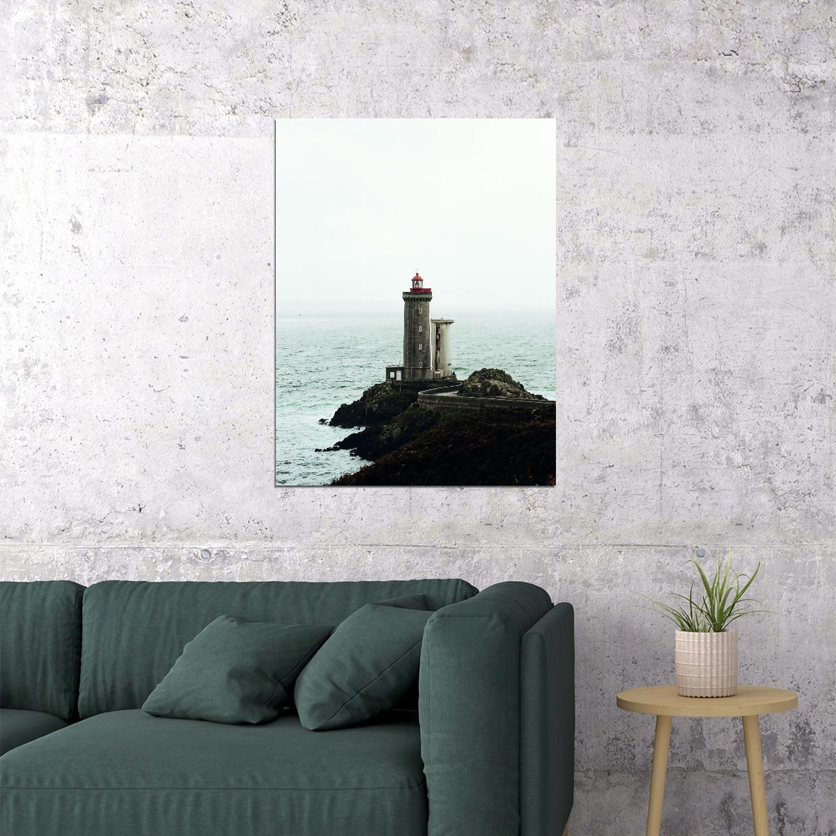 Lighthouse on Rocky Coast Poster Serene Seascape Photography Minimalist Coastal Wall Art Print - xonomax