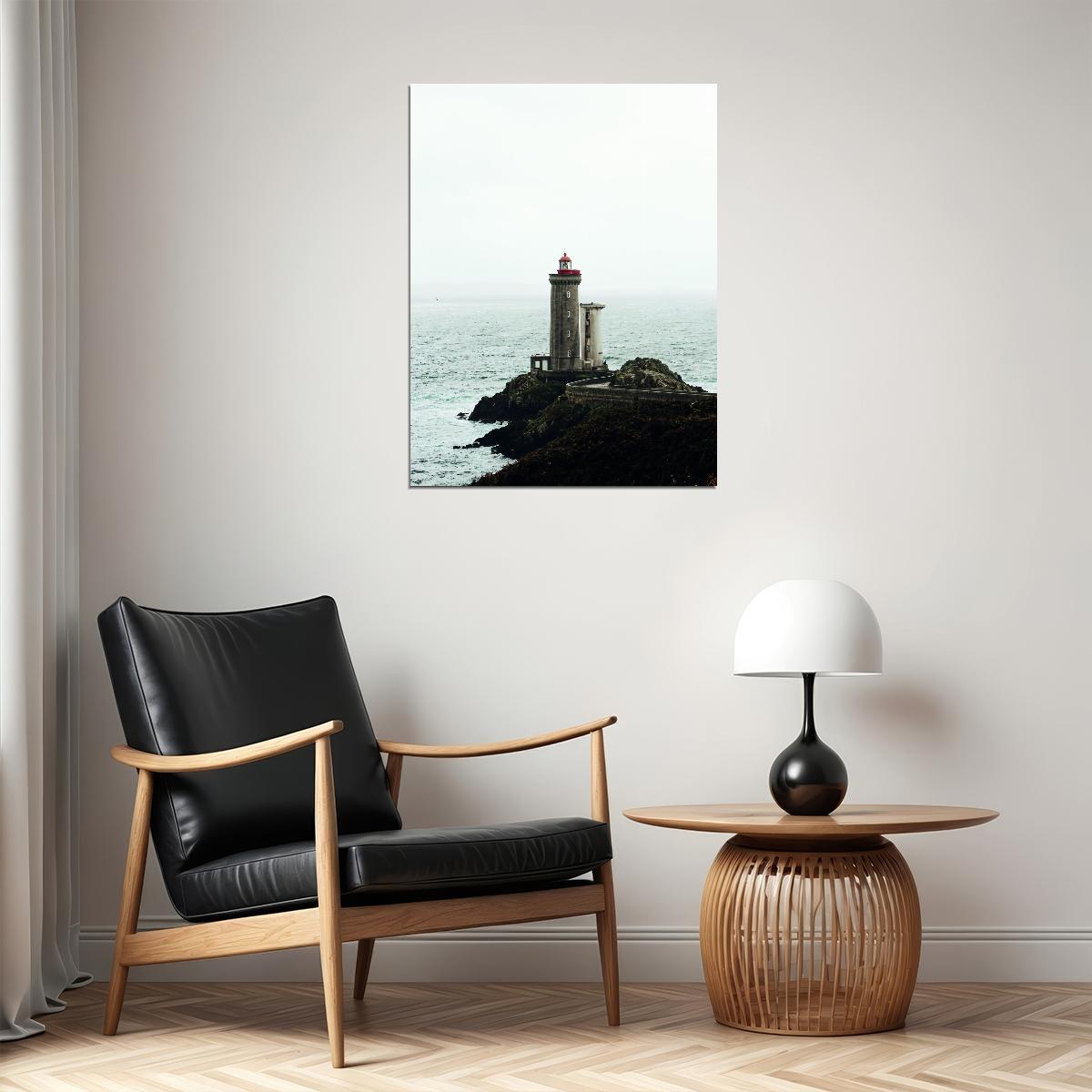 Lighthouse on Rocky Coast Poster Serene Seascape Photography Minimalist Coastal Wall Art Print - xonomax