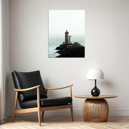 Lighthouse on Rocky Coast Poster Serene Seascape Photography Minimalist Coastal Wall Art Print - xonomax