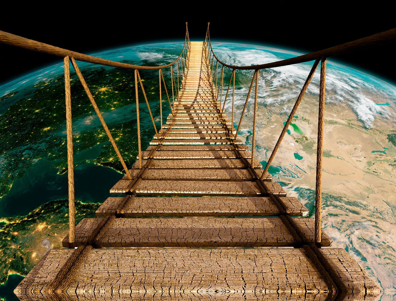 Suspension Bridge to Earth Poster Surreal Cosmic Adventure Nature Wall Art Print - xonomax