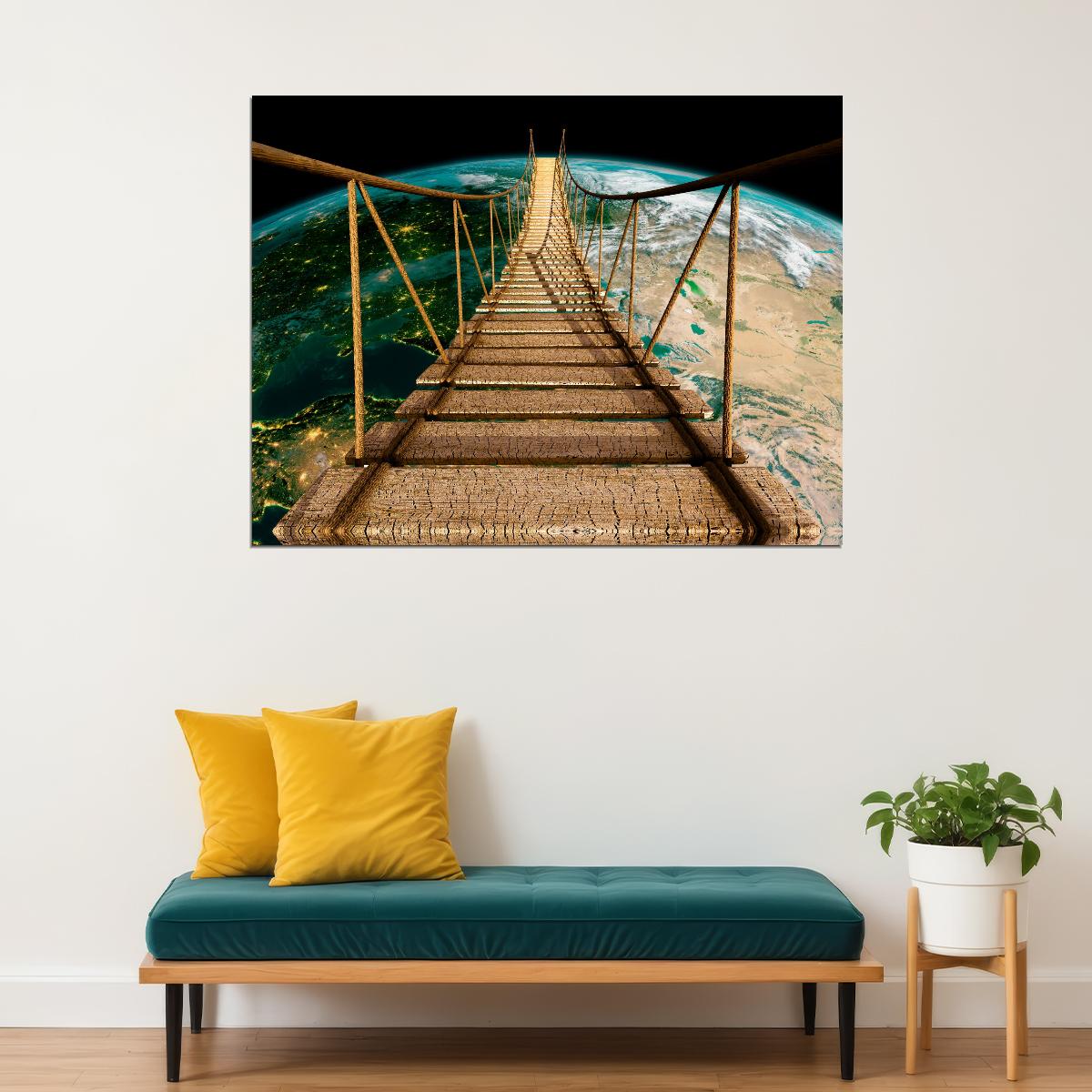 Suspension Bridge to Earth Poster Surreal Cosmic Adventure Nature Wall Art Print - xonomax