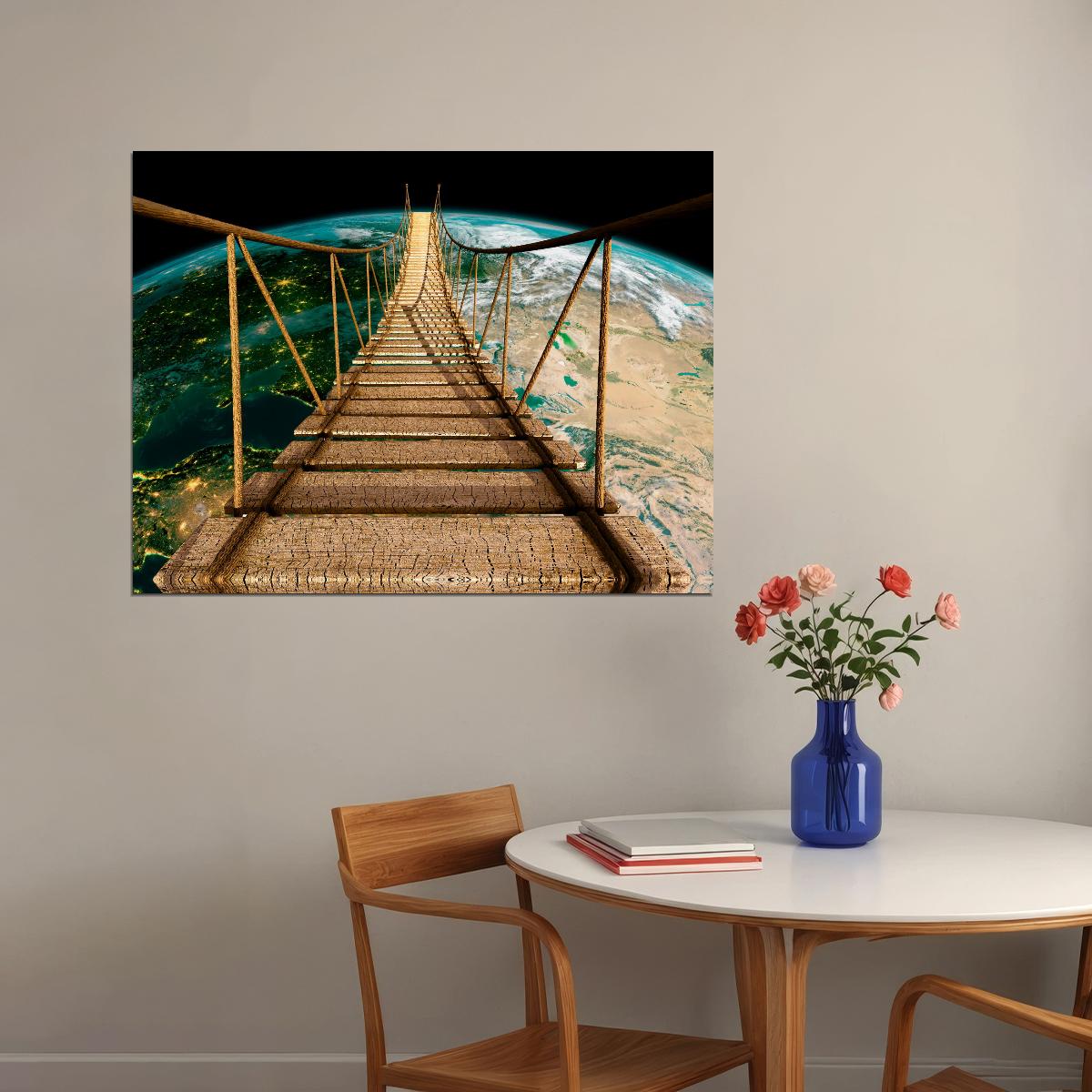 Suspension Bridge to Earth Poster Surreal Cosmic Adventure Nature Wall Art Print - xonomax