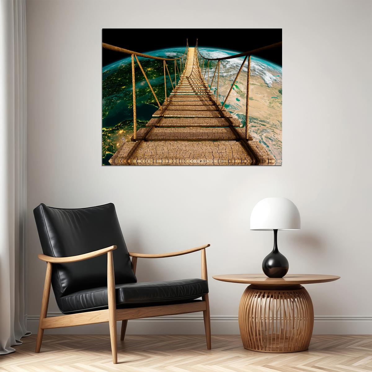 Suspension Bridge to Earth Poster Surreal Cosmic Adventure Nature Wall Art Print - xonomax