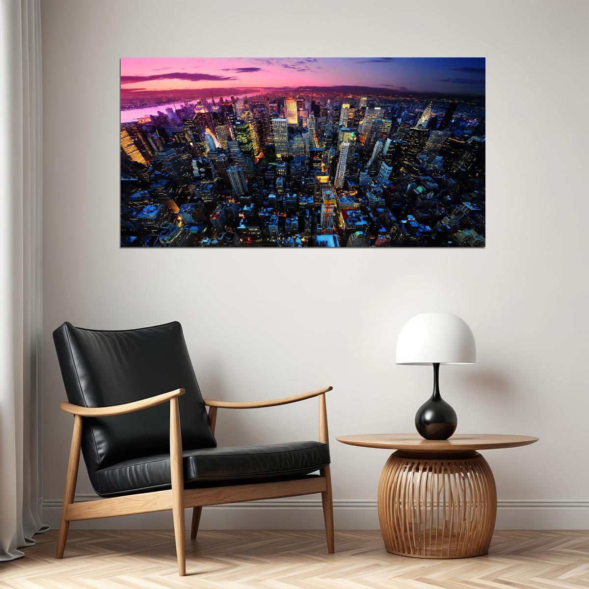 Aerial Cityscape at Dusk Poster Vibrant Urban Lights Skyline Photography Wall Art Print - xonomax