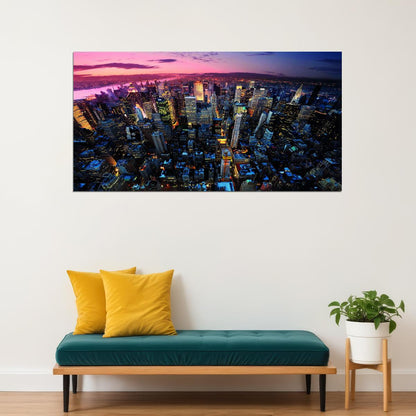 Aerial Cityscape at Dusk Poster Vibrant Urban Lights Skyline Photography Wall Art Print - xonomax
