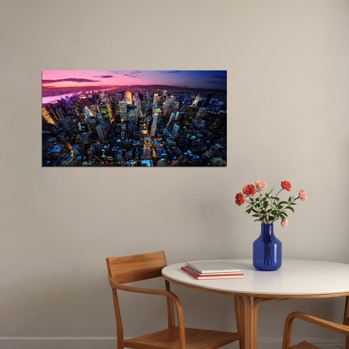 Aerial Cityscape at Dusk Poster Vibrant Urban Lights Skyline Photography Wall Art Print - xonomax