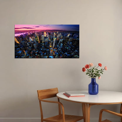 Aerial Cityscape at Dusk Poster Vibrant Urban Lights Skyline Photography Wall Art Print - xonomax