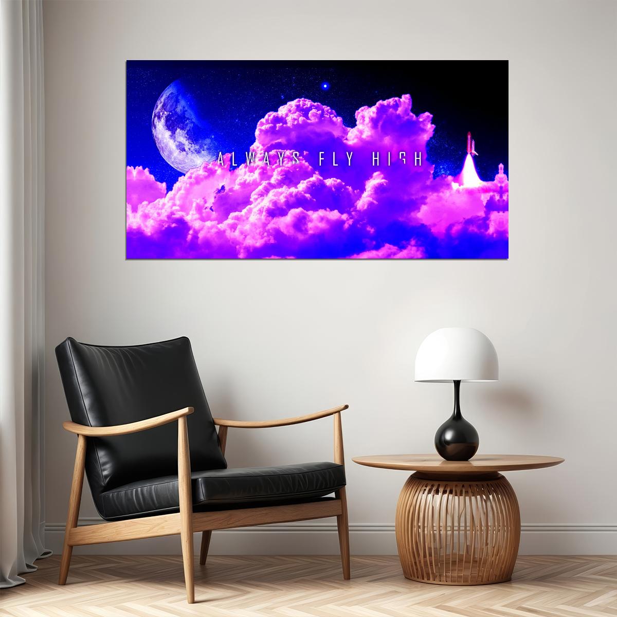 Fly High Cloudscape Poster Dreamy Purple Sky and Moon Inspirational Wall Art Print - xonomax