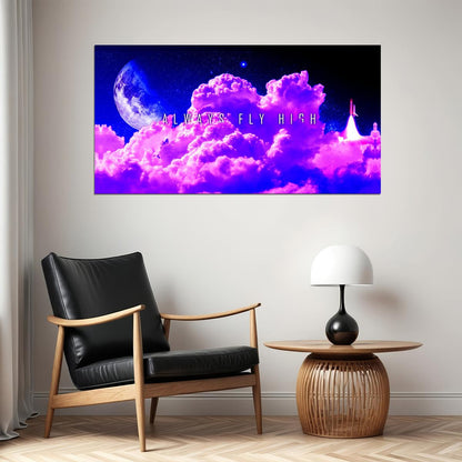 Fly High Cloudscape Poster Dreamy Purple Sky and Moon Inspirational Wall Art Print - xonomax