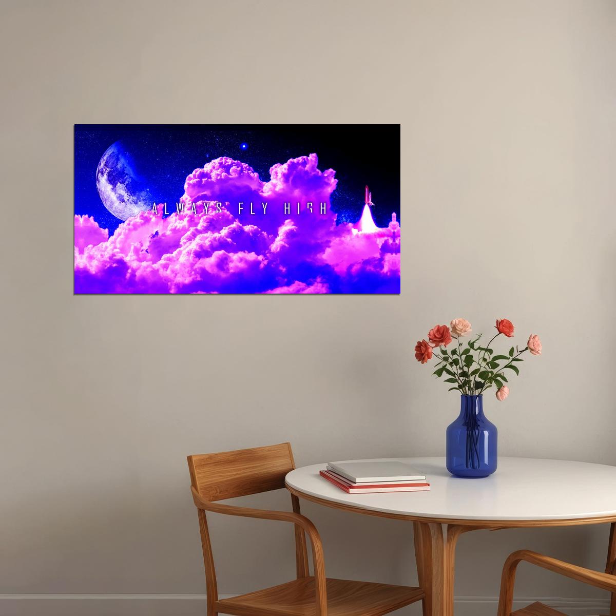 Fly High Cloudscape Poster Dreamy Purple Sky and Moon Inspirational Wall Art Print - xonomax