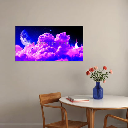 Fly High Cloudscape Poster Dreamy Purple Sky and Moon Inspirational Wall Art Print - xonomax