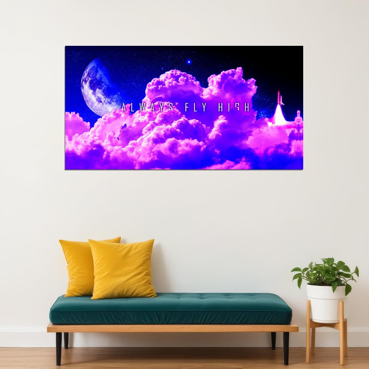 Fly High Cloudscape Poster Dreamy Purple Sky and Moon Inspirational Wall Art Print - xonomax